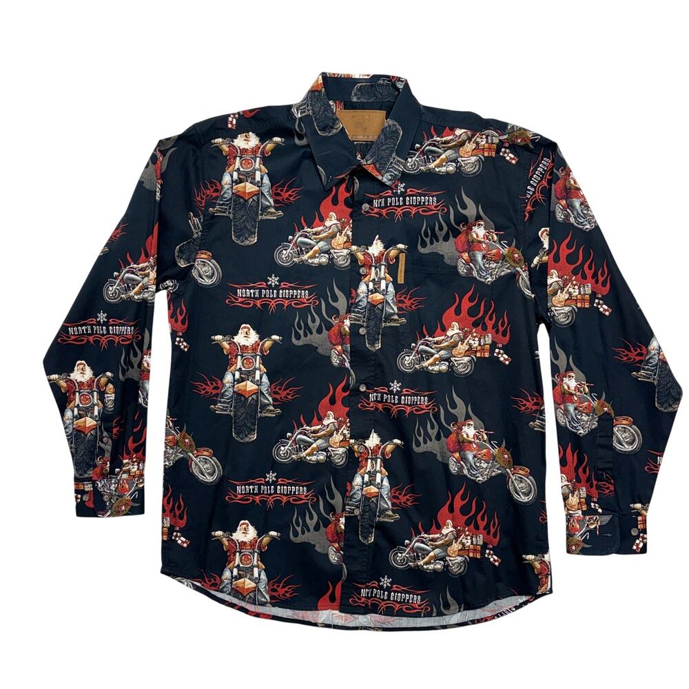 Vintage North Pole Choppers Shirt Mens Large Black Santa Motorcycles Clearwater